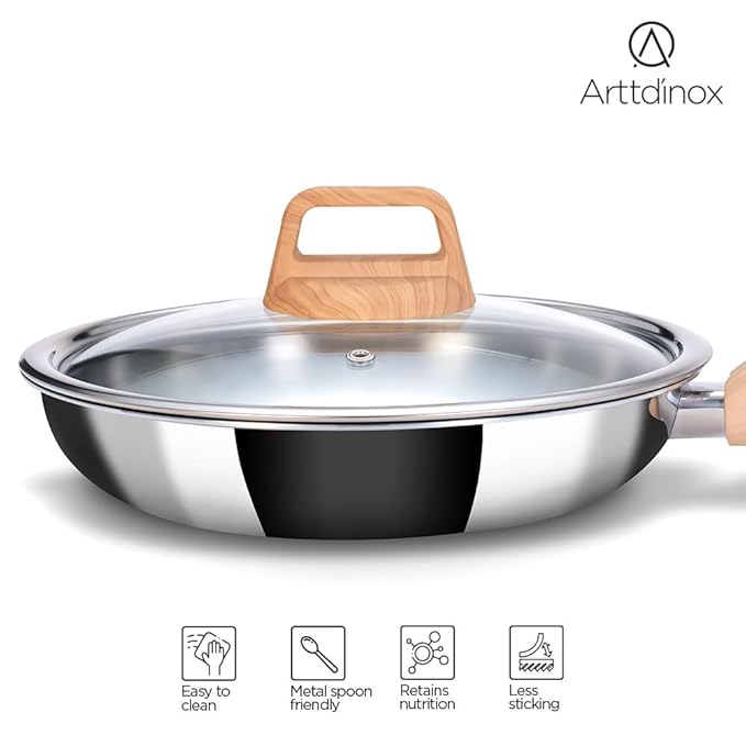 Arttdinox Timber Frying Pan Stainless Steel | Wood Finished Handle | Pan With Lid | Gas & Induction Base | 24cm | 1.8ltr | Silver