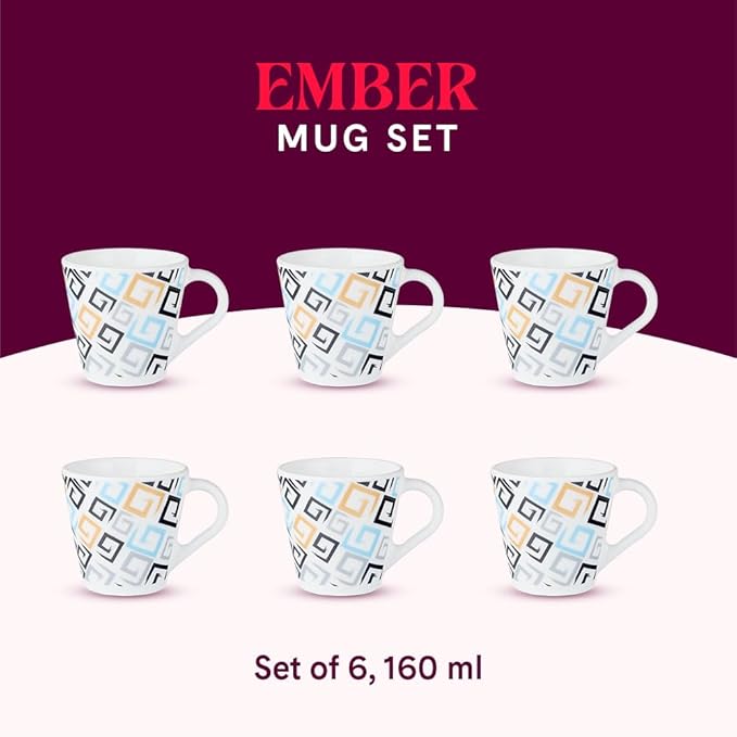 Larah by Borosil Novelty Series Ember Opalware Mug | Set of 6 Tea/coffee Mugs | 160 Ml Each