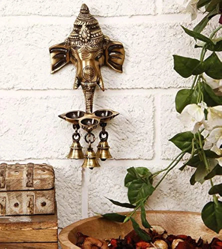 Two Moustaches Brass Ganesha Wall Hanging Diya with Bells