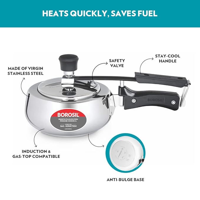 Borosil Pronto Induction Base Inner Lid Stainless Steel Pressure Cooker | 6.8 Mm Thick Base | 2 Litres