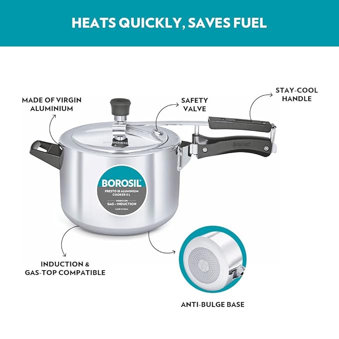 Borosil Presto Induction Base Inner Lid Aluminium Pressure Cooker | Silver| 5 Litres