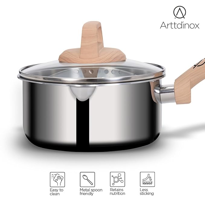 Arttdinox Timber Stainless Steel Triply Saucepan With Glass Lid | Milk Pot | Tea Pan | Gas and Induction Compatible | 16cm | 1.5ltr | Silver