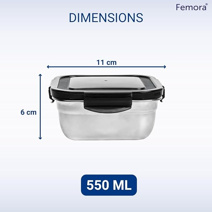 Femora High Stainless Steel Square Container, Leakproof Airtight Lid | 550 Ml | Pack of 2 | Silver