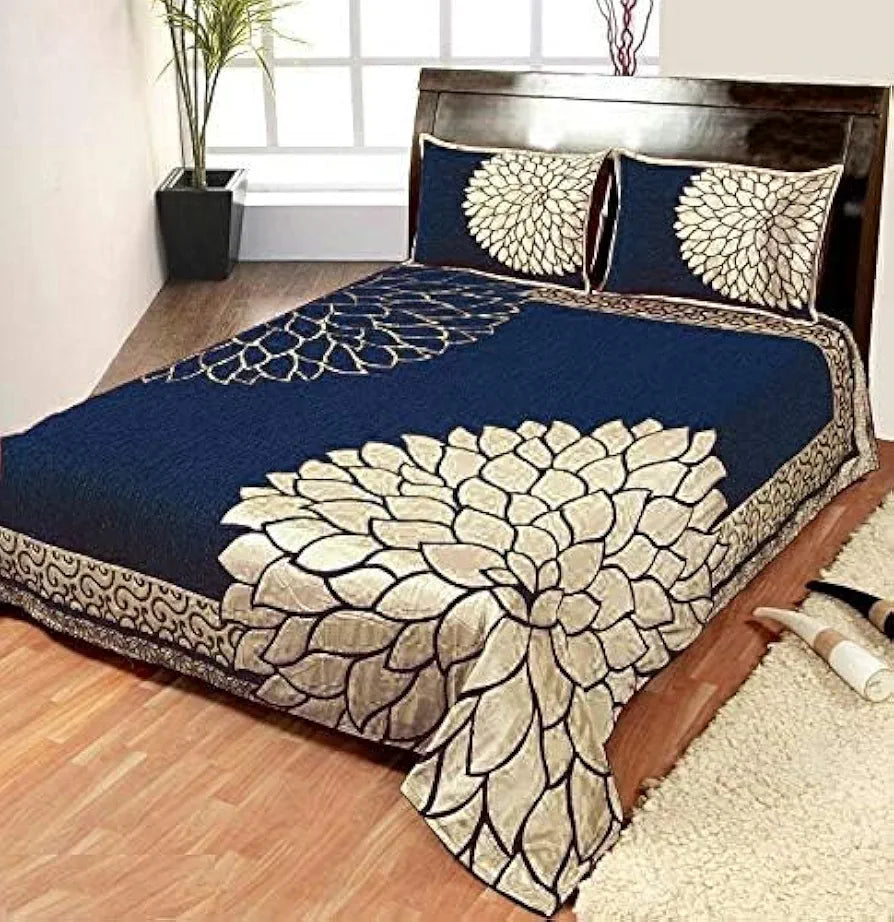 Fresh From Loom Chenille Velvet 500 TC Bedsheet 1 Double Bed King Size Bedsheet with 2 Pillow Cover Marigold Blue