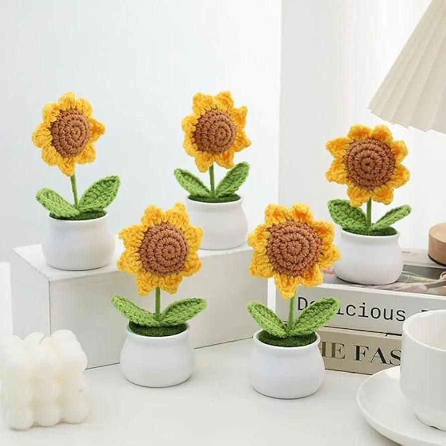Handmade Crochet Sunflower Pot 1 PC Artificial Flower Knitted Flower