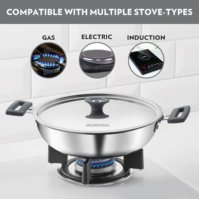 Borosil Cookfresh Tri-ply Stainless Steel Kadhai With Lid | Induction Friendly | 4 Litres | 28 Cm