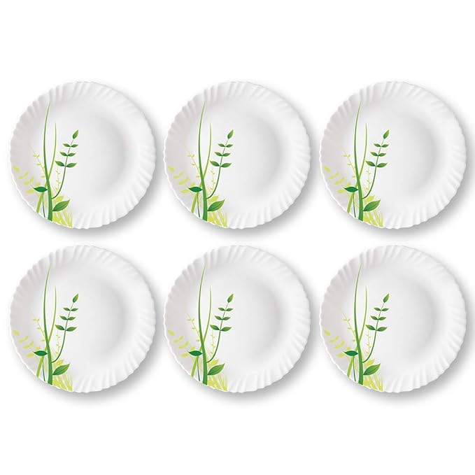 Larah by Borosil Green Herbs, Opalware Full Plate | 11 Inch |white | Set of 6