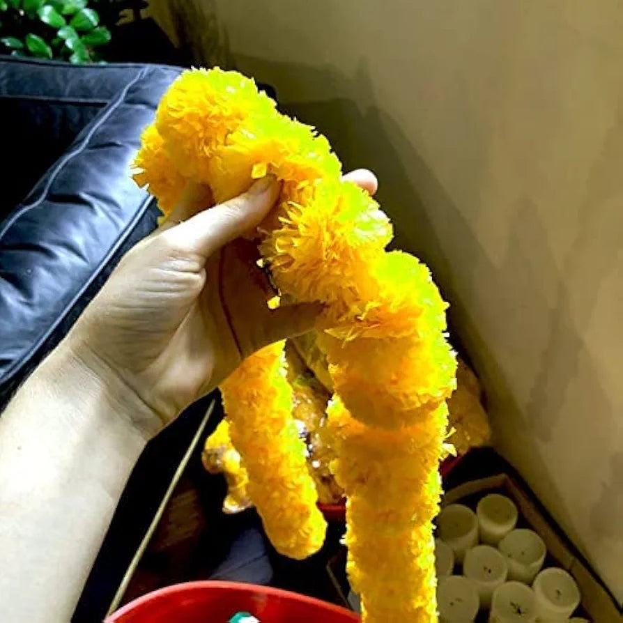 Artificial Marigold Flowers For Decoration Garland Yellow Ladi 5 Feet Long 5Pcs 50 MM Yellow