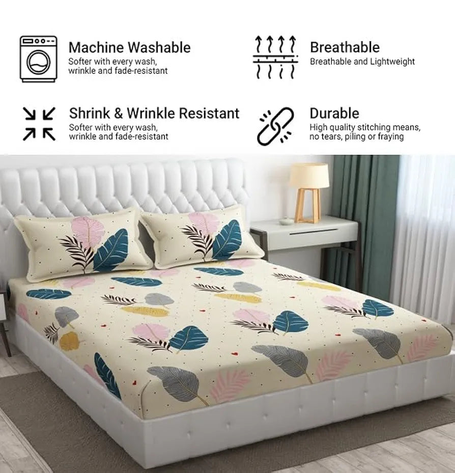 Fresh From Loom Floral Double Bedsheet King Size With 2 Pillow Covers,144 TC Canary Yellow