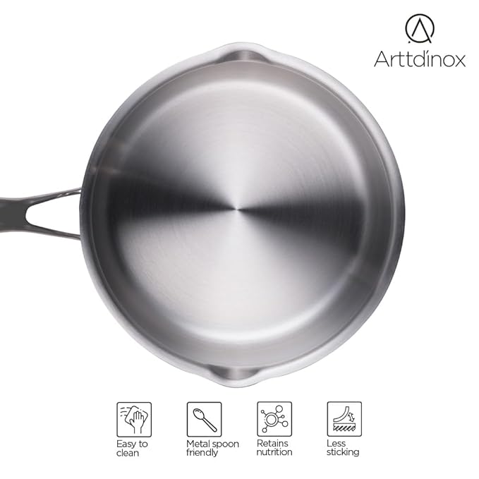 Arttdinox Stellar Stainless Steel Triply Sauce Pan With Straining Glass Lid | Milk Pan | 16cm | 1.5ltr | Jindal Stainless | Silver