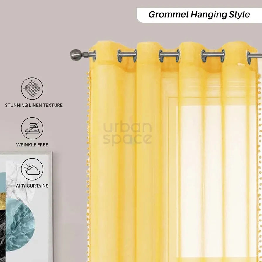 Urban Space Linen Textured Sheer Curtain for Door Room Darkening, Decorative Curtain with Tieback, Eyelets Hanging Style, Set of 2 Curtains Yellow with pom pom