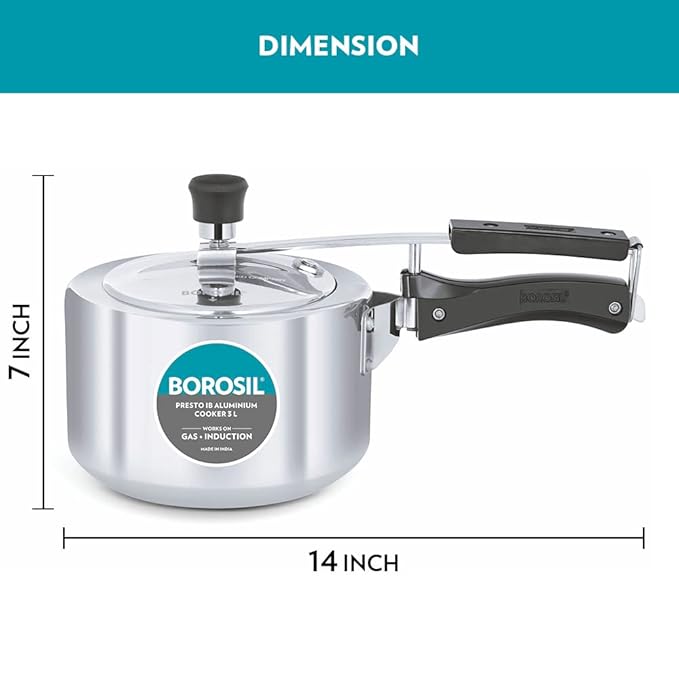 Borosil Presto Induction Base Inner Lid Aluminium Pressure Cooker | Silver | 3 Litres