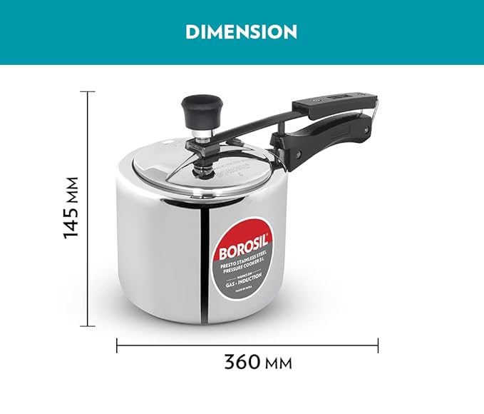Borosil Presto Induction Base Stainless Steel Inner Lid Pressure Cooker | 3 Litres