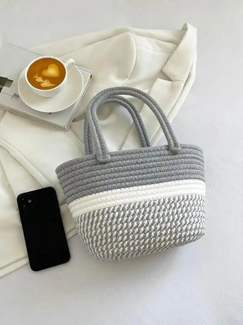 Womens Stylish Straw & Polyester Tote Handbag for Office Travel