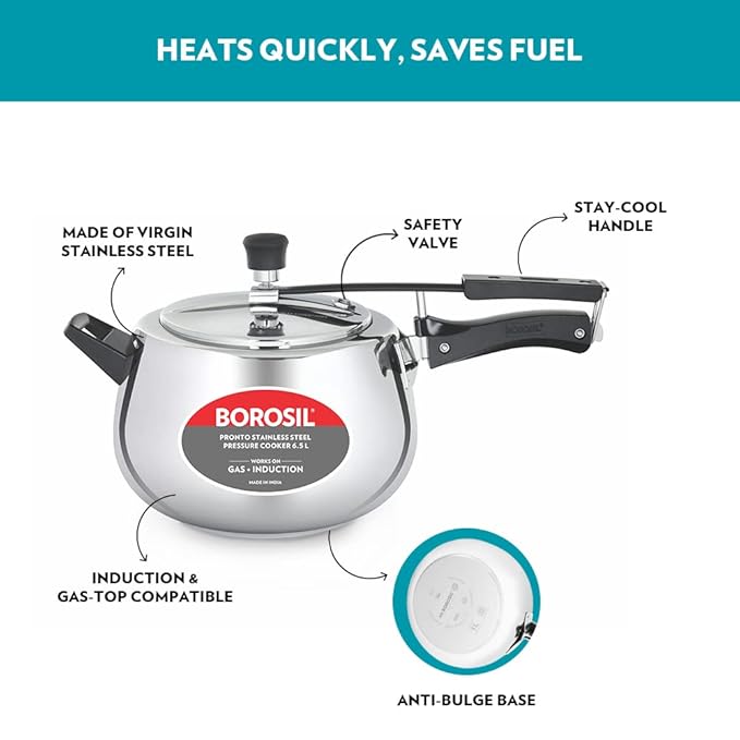 Borosil Pronto Induction Base Stainless Steel Pressure Cooker | 3 Litres