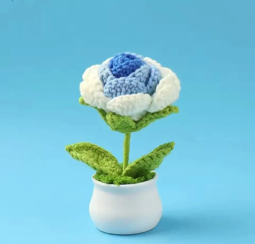 Handmade Crochet Flower Pot Blue Rose Shaded 1 PC Artificial Flower Knitted Flower