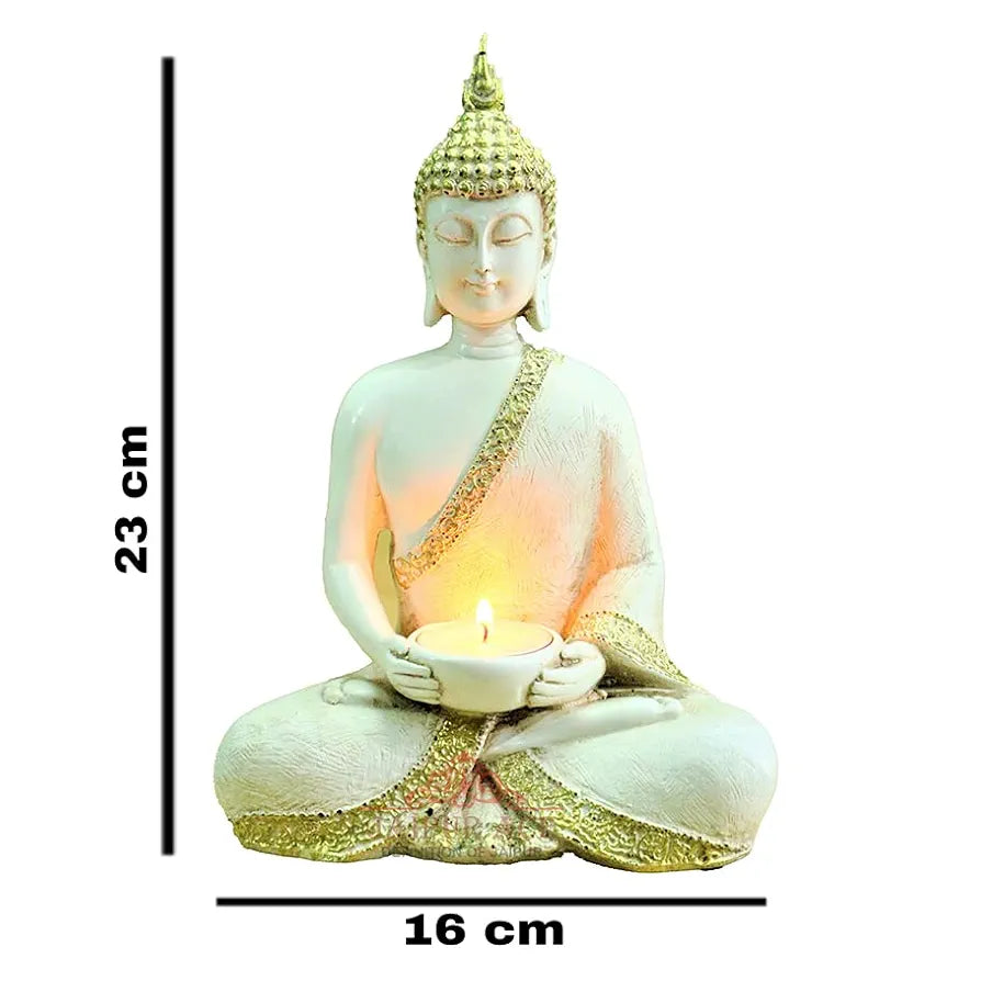 Jaipur Ace Buddha Sitting With Tea Light in Hand Polyresin Idol Buddha With Tea light