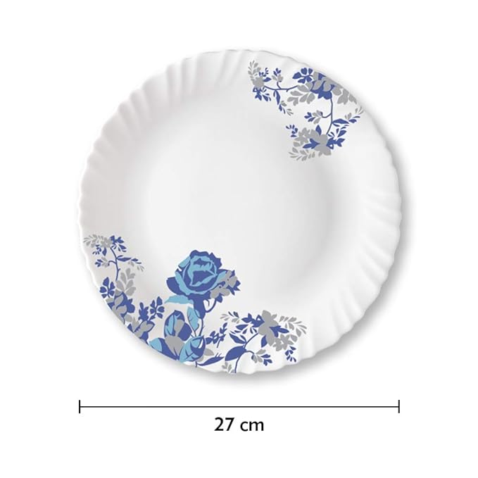 Larah by Borosil Opalware Blue Cascade Full Plate | White | 11 Inch | Set of 6