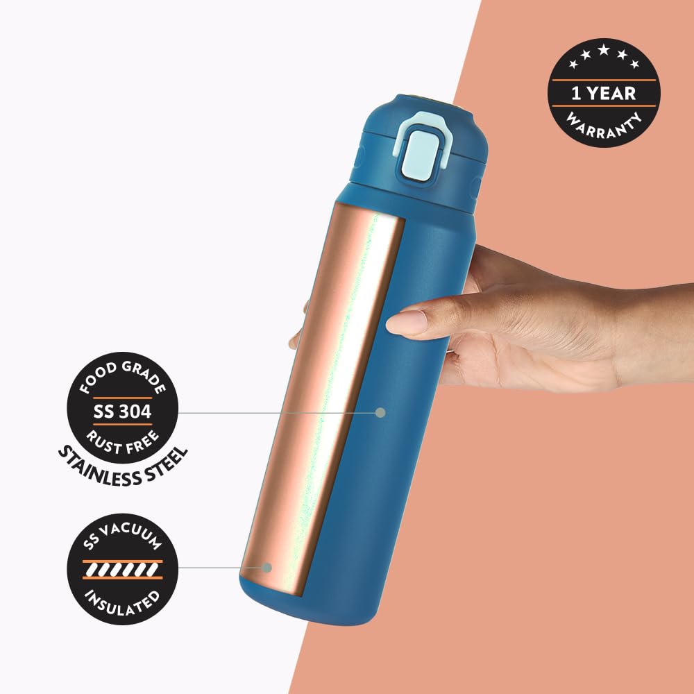 Borosil Aquasport 800 Ml Stainless Steel Insulated Water Bottle | Double Wall Vaccum Insulated, Flask | 10 Hours Hot & Cold | Blue