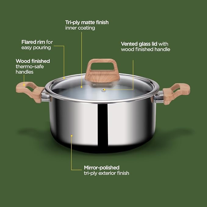 Arttdinox Timber Stainless Steel Triply Pot With Glass Lid | 25 Cm | 5 Ltr | Wood Finished Handle | Induction & Gas Base