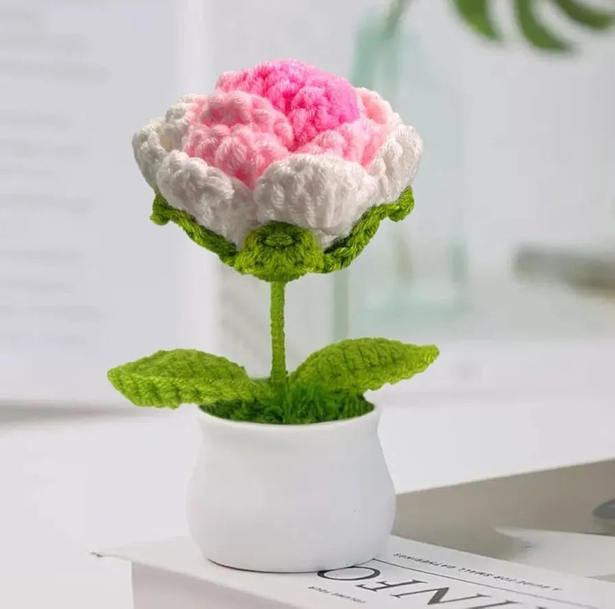 Handmade Crochet Flower Pot Pink Rose Shaded 1 PC. Artificial Flower Knitted Flower