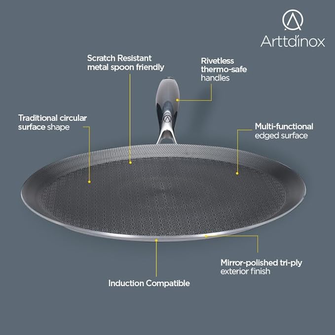 Arttdinox Stellar Stainless Steel Triply Non Stick Tawa | 28 Cm | Rivetless Double Wired Handle | Gas & Induction Base