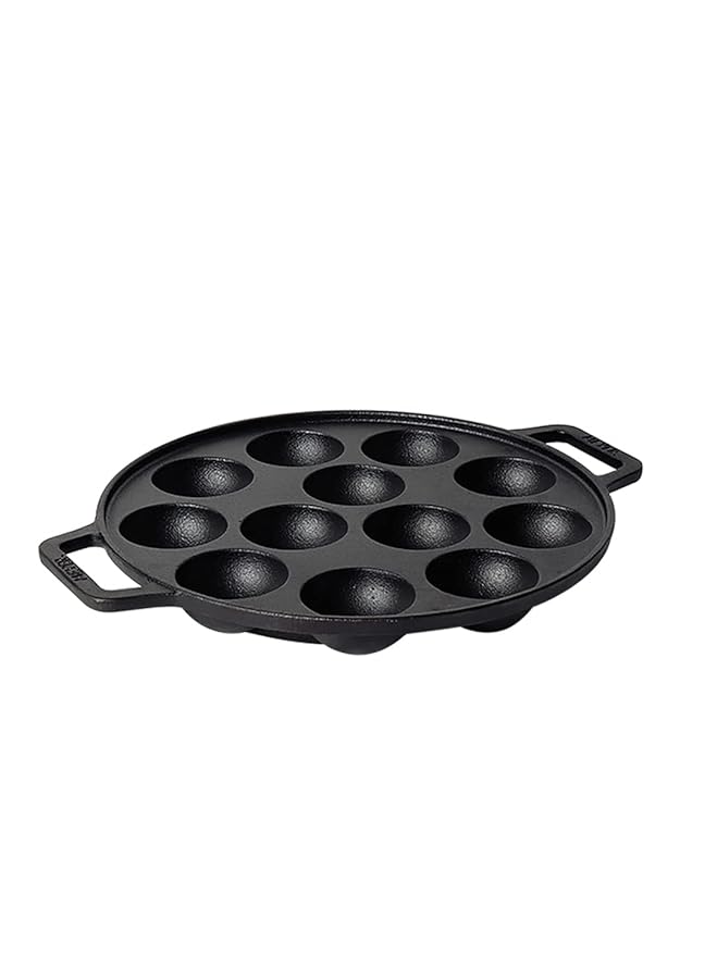 Meyer Pre Seasoned Cast Iron 12 Cavity Appam Patra 2 Side Handle 26cm (Black)