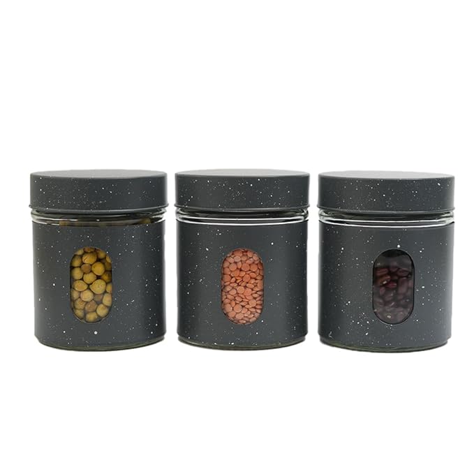 Femora Carbon Steel Jar for Kitchen Storage With Clear Glass Window and Carbon Steel Lid | 300 Ml | Set of 3 | of Lids | Black