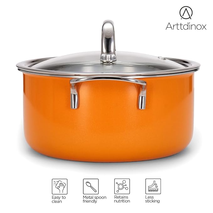 Arttdinox Vida Stainless Steel Triply Pot With Glass Lid for Biryani | Pulao | Halwa | Curries | 20 Cm | 3 Ltr | Induction & Gas Base