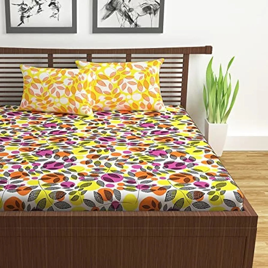 Divine Casa 144 TC Cotton Bedsheet for Double Bed with 2 Pillow Cover Colour Orange & Yellow
