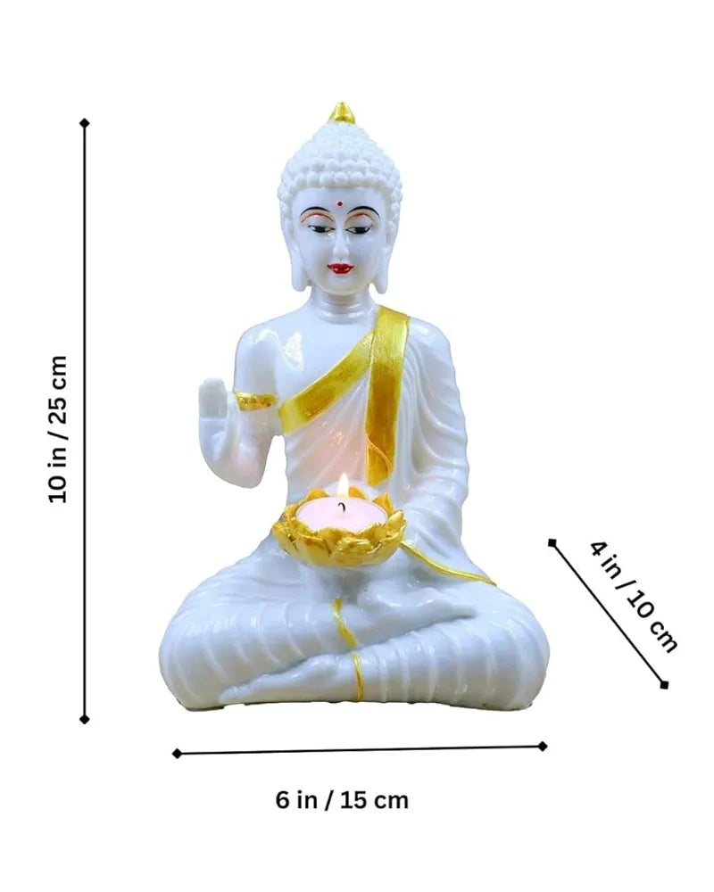 Jaipur Ace White Gold Buddha Sitting With Tealight in Hand Polyresin Idol