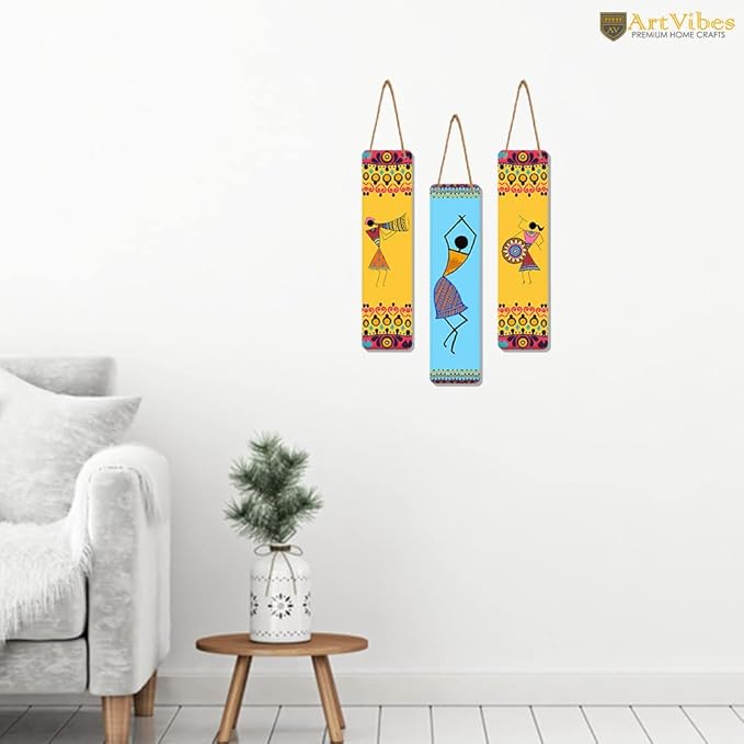 Artvibes African Warli Art Designer Wooden Wall Hanging Decoration Items for Home | Set of 3