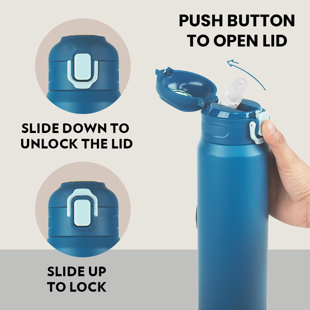 Borosil Aquasport 800 Ml Stainless Steel Insulated Water Bottle | Double Wall Vaccum Insulated, Flask | 10 Hours Hot & Cold | Blue