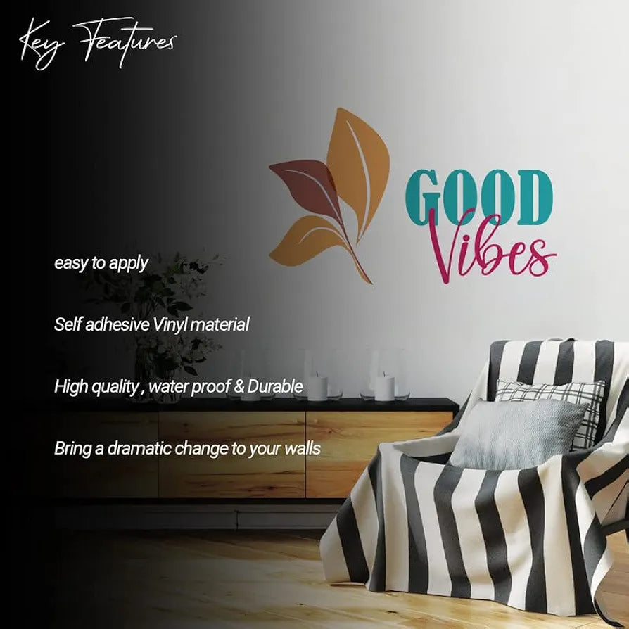 Kotart Leaf and Good Vibes Prited PVC Vinyl Wall Stickers/Decals