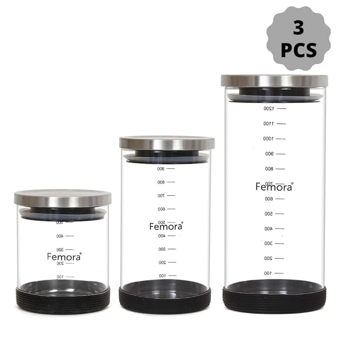 Femora Kitchen Storage Jars Borosilicate Glass With Silicon Bottom Air Tight Jar | 500 Ml | 900 Ml | 1300 Ml | Pack of 3