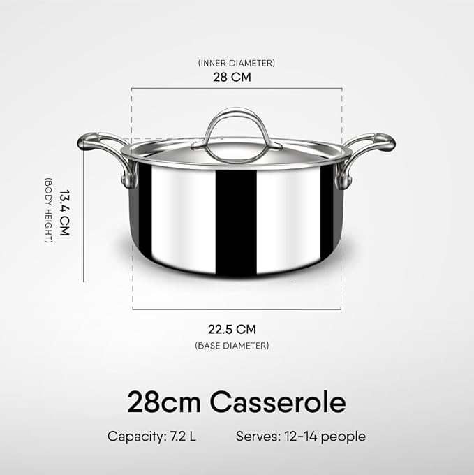 Stahl Artisan Triply Stainless Steel Sauce Pot/ Casserole With Lid | Induction Pot | Briyani Pot/ Handi | 7.2 Litres | 28 Cm