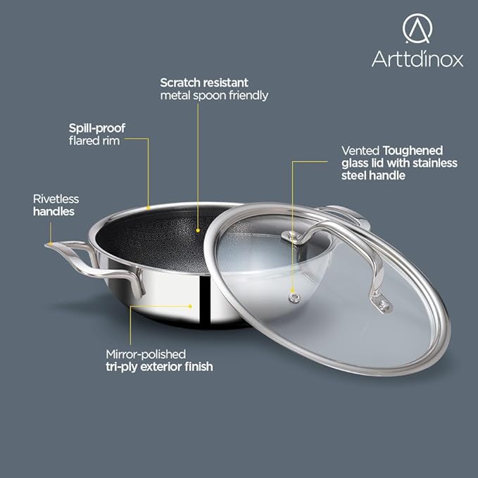 Arttdinox Stellar Triply Stainless Steel Kadhai With Lid | Non Stick Kadai | Gas & Induction Base | 22cm | 2.1ltr | Silver