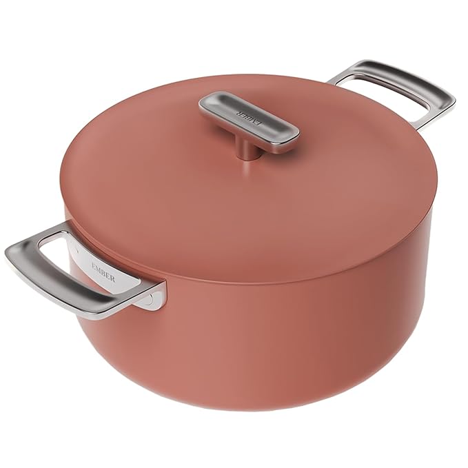 Ember Cookware Arcilla Ceramic Non Stick Dutch Oven 24cm | Metallic Lid | Stainless Steel Handles | Non Toxic Biryani Pot | Terracotta