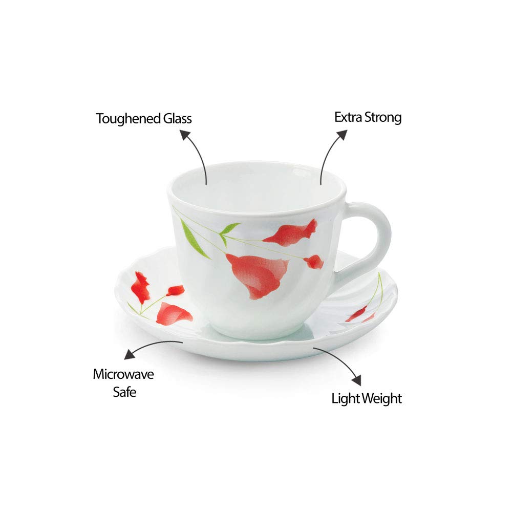 Larah by Borosil Glass Diana Cup and Saucer Set | Set of 6 |12-piece | 220ml | White