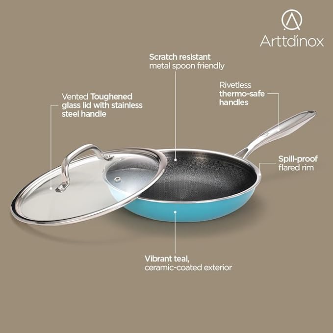 Arttdinox Vida Stainless Steel Triply Frypan With Glass Lid | 24 Cm | 1.8 Ltrs | Rivetless Handle | Gas & Induction Base | Jindal Stainless