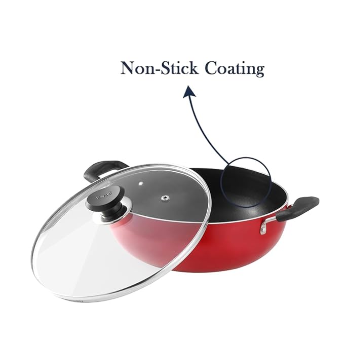 Vinod Zest Inducto Non Stick Deep Kadhai with Glass Lid - 4.1 Litre, 26cm | 3mm Thick | 3 Layer Coating