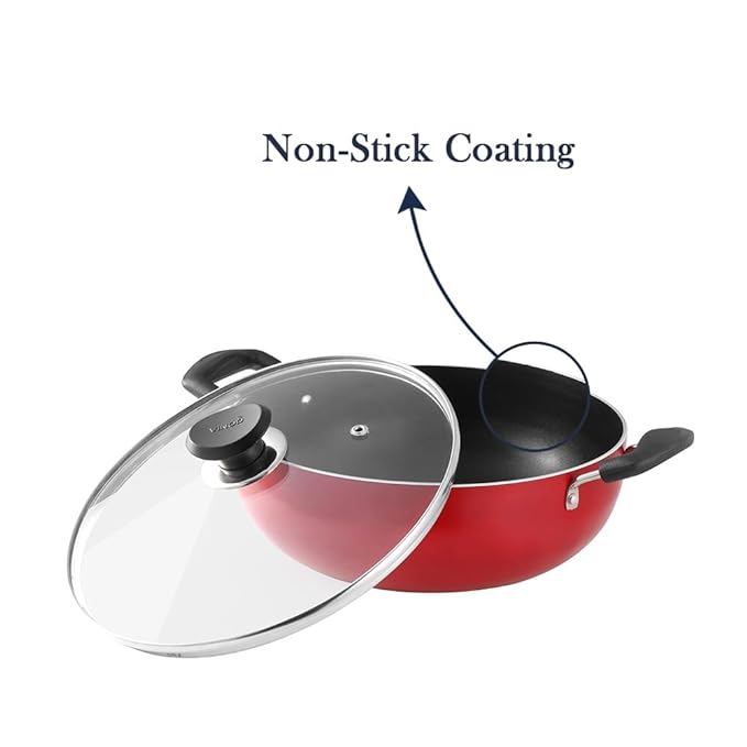 Vinod Zest Inducto Non Stick Deep Kadhai with Glass Lid - 2.6 Litre, 22cm | 3mm Thick | 3 Layer Coating