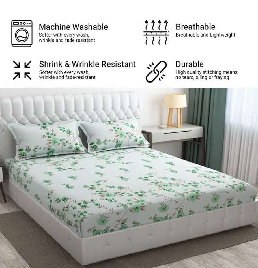 Fresh From Loom Microfiber Rotary Printed Bed Sheet Set King Size Hypoallergenic Wrinkle Free with 2 Pillow Covers Cyan Floral Design