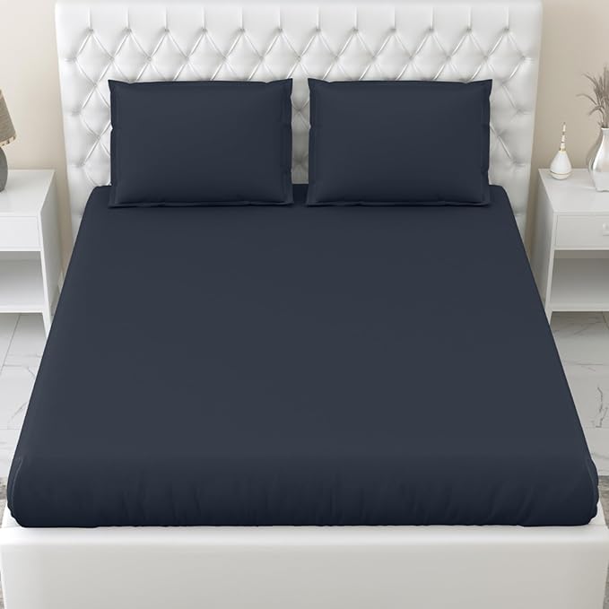 Haus & kinder Cotton Elastic Fitted Bedsheet King Size 2 Pillow Covers | Colour Navyblue