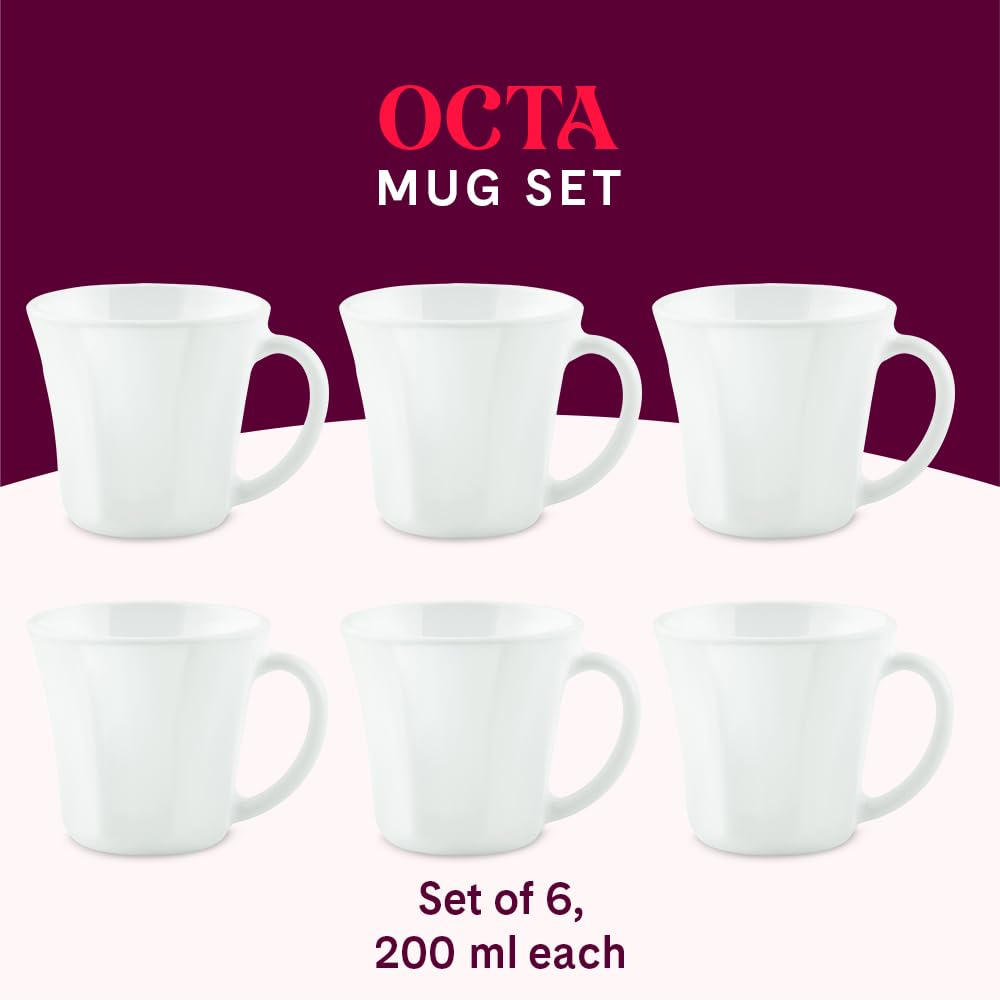 Larah by Borosil Octa Opalware Mug | Set of 6 Tea/coffee Mugs | 200 Ml Each