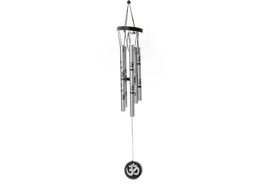 Tej Gifts Feng Shui Metal Wind Chime with Om Printed 5 Pipes for Positive Energy Silver Small