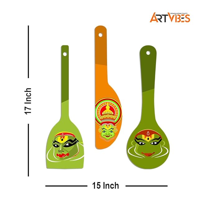 Artvibes Kathakali Wooden Wall Hanger for Home | Set of 3