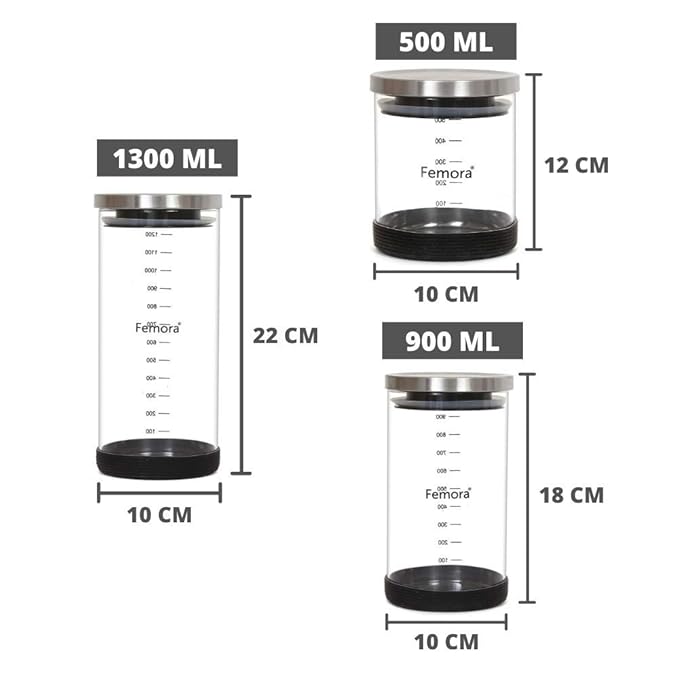 Femora Kitchen Storage Jars Borosilicate Glass With Silicon Bottom Air Tight Jar | 500 Ml | 900 Ml | 1300 Ml | Pack of 3