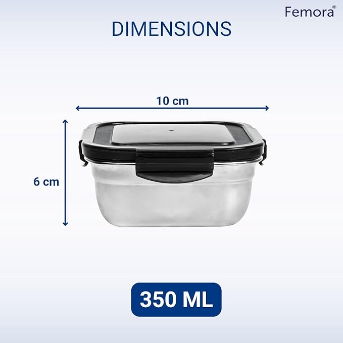 Femora High Steel Square Container Airtight Leakproof Unbreakable Storage Container/ Lunch Box | 350 Ml