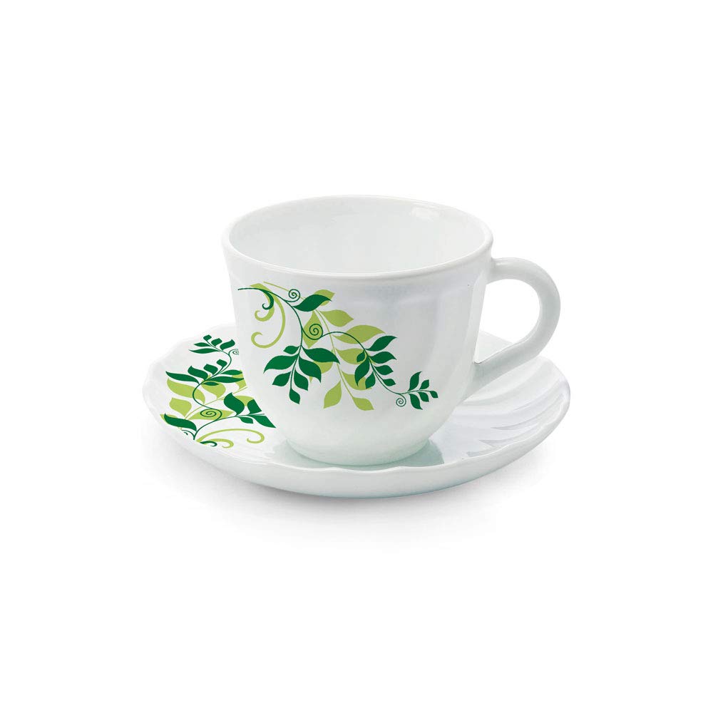 Larah by Borosil Fern Cup and Saucer Set | Set of 6 | 12-piece | 200 Ml Each | White